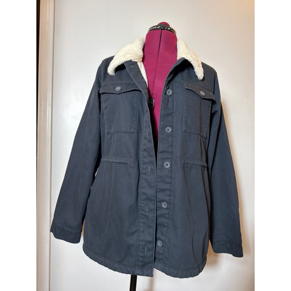Hang Ten Womens Black Utility Field Jacket Faux Shearling Collar Fleece Lined XL